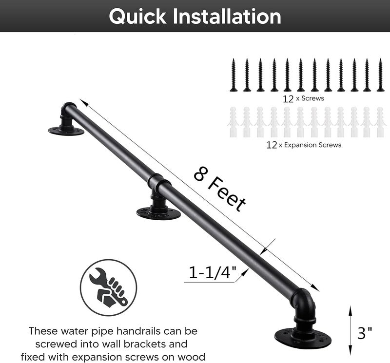 Senmit Handrail for Indoor Stairs - 8 Feet Wall Mount Industrial Iron Pipe - Metal Railing Non-Slip Grab Bar - Stairs Porch Deck Hand Rail Matte Black - Image 2